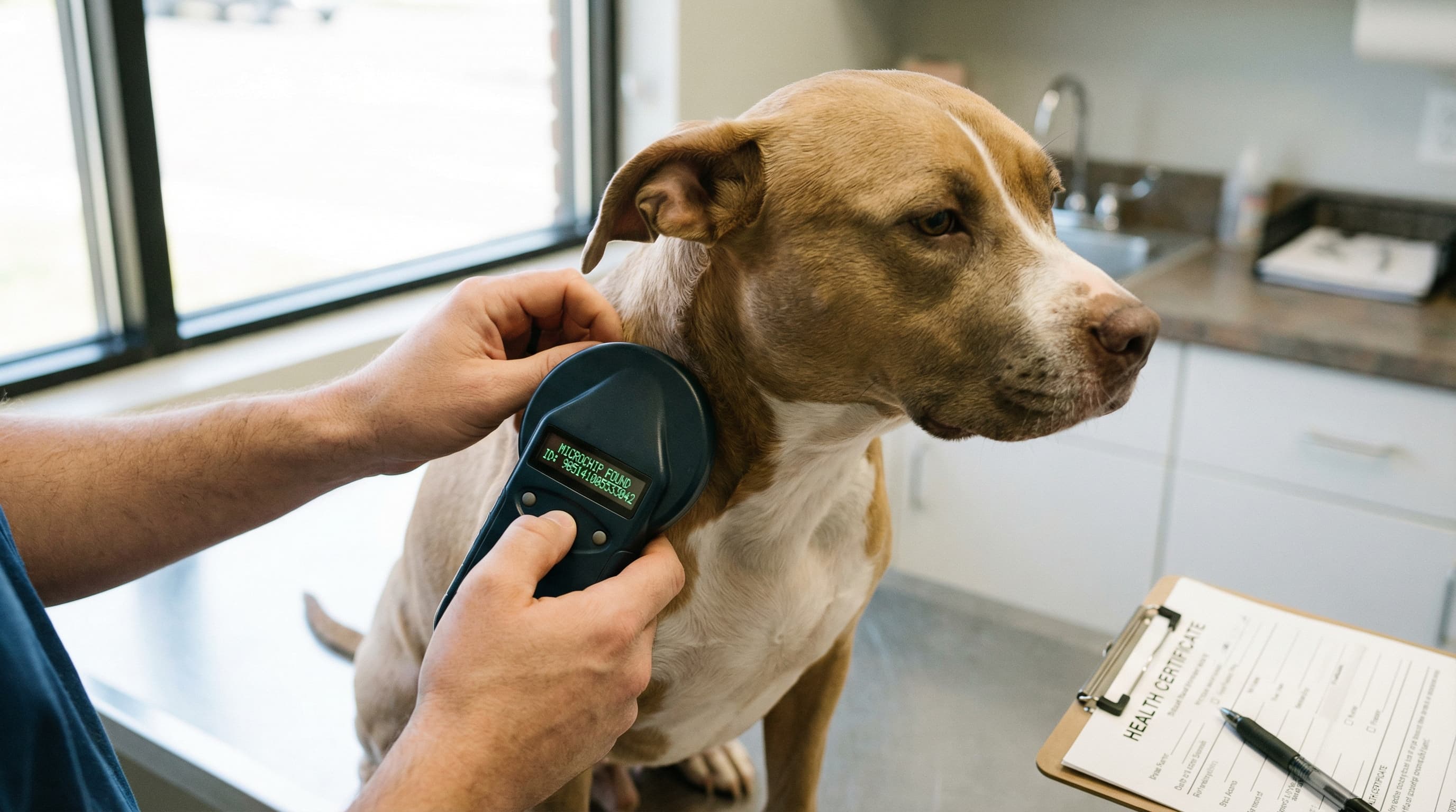 A veterinarian scanning a pit bull mix's microchip with a handheld reader at a veterinary clinic