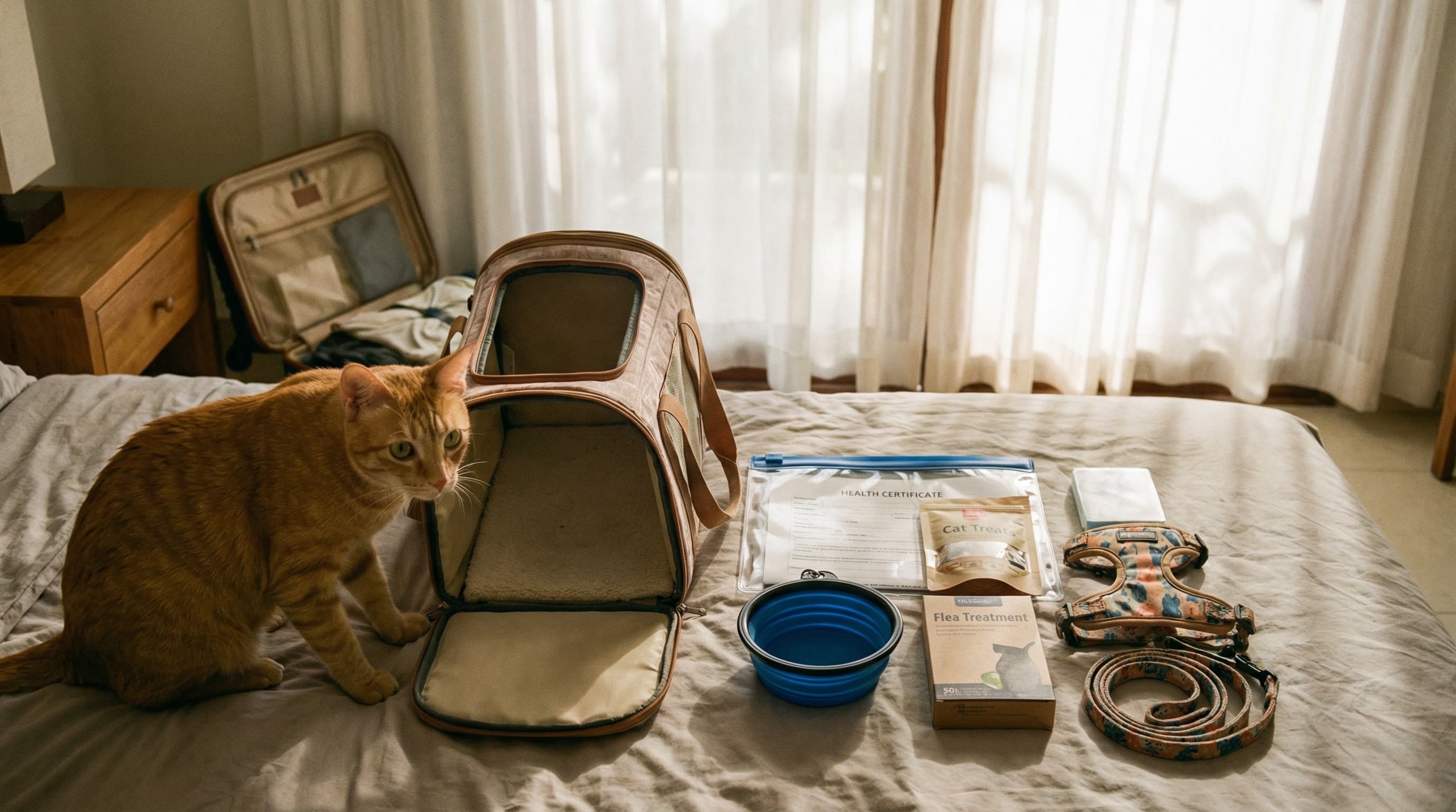 A ginger tabby cat peering into an open soft-sided carrier on a bed, next to a travel kit with health certificates, flea treatment, and a collapsible water bowl