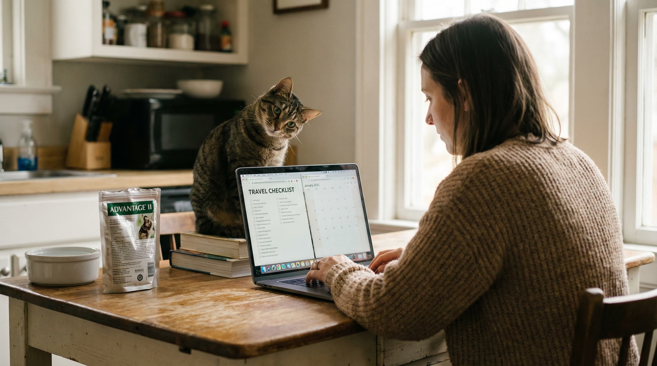 Pet owner at a kitchen table reviewing a travel checklist and calendar on a laptop, tabby cat sitting beside the laptop, flea treatment packet and water bowl on the table nearby