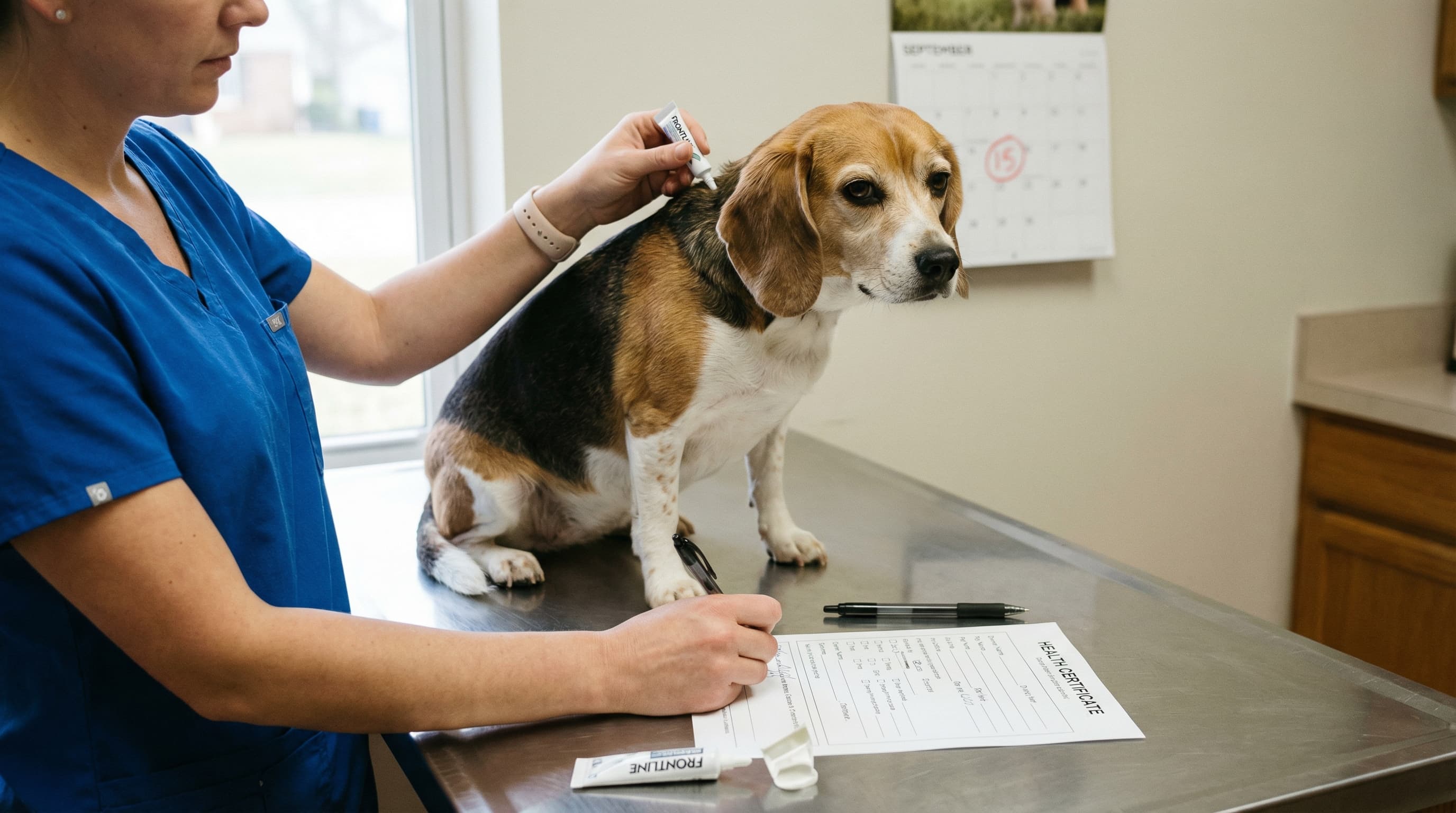 Veterinarian applying flea treatment to a beagle while documenting it on a health certificate