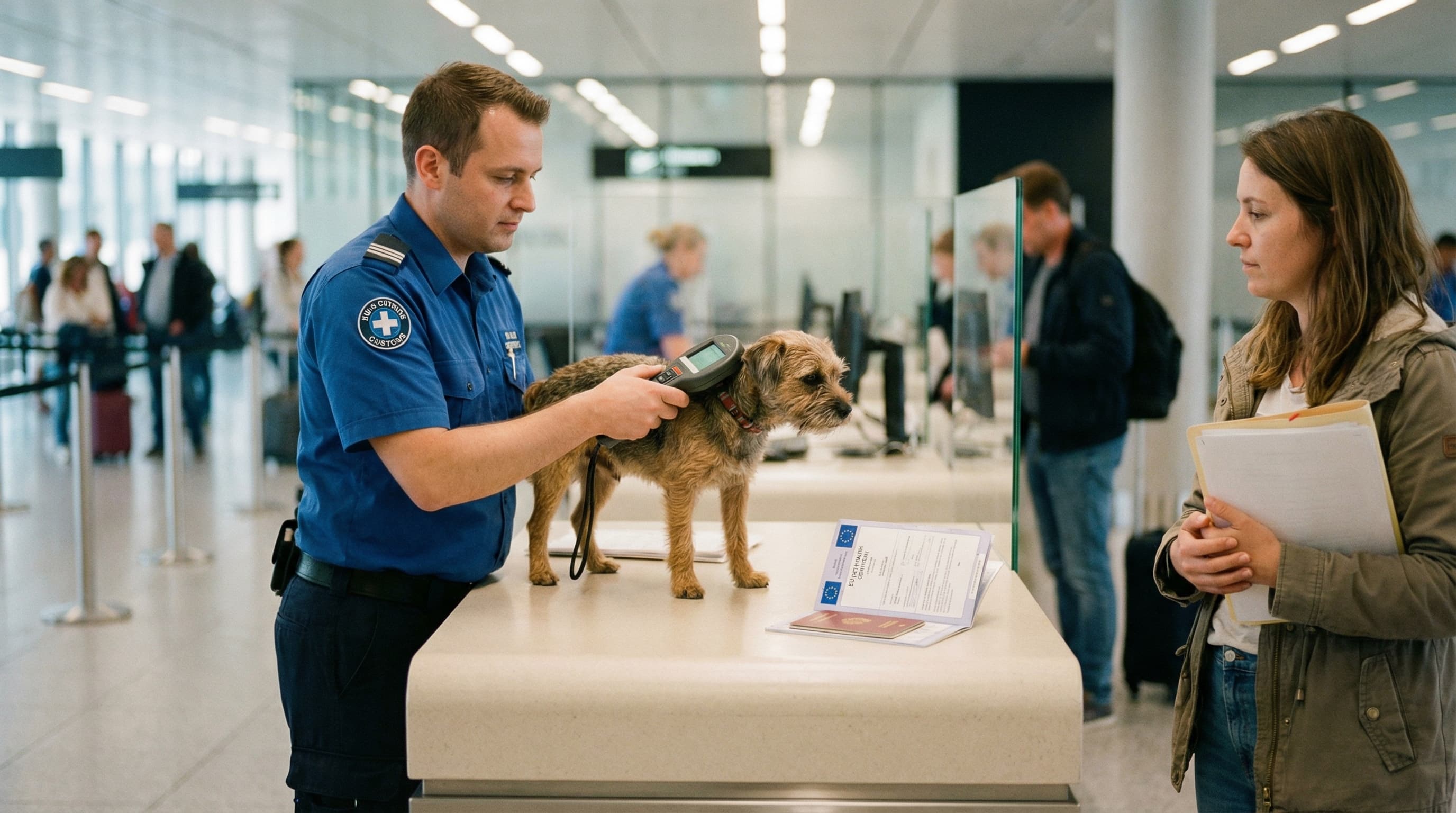 Traveler with dog going through red customs exit at Zurich Airport for pet entry clearance