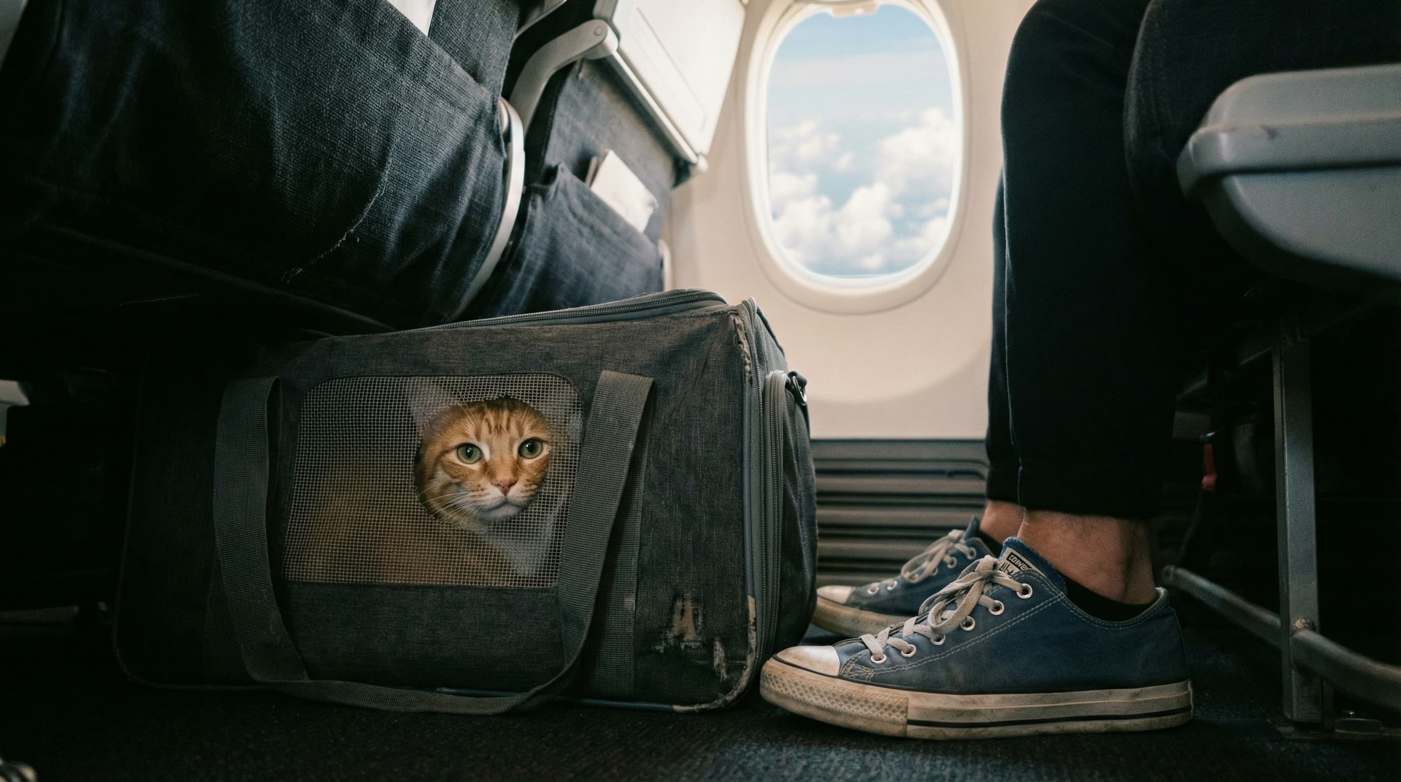 Small cat in soft-sided carrier tucked under airplane seat on SWISS International Air Lines flight