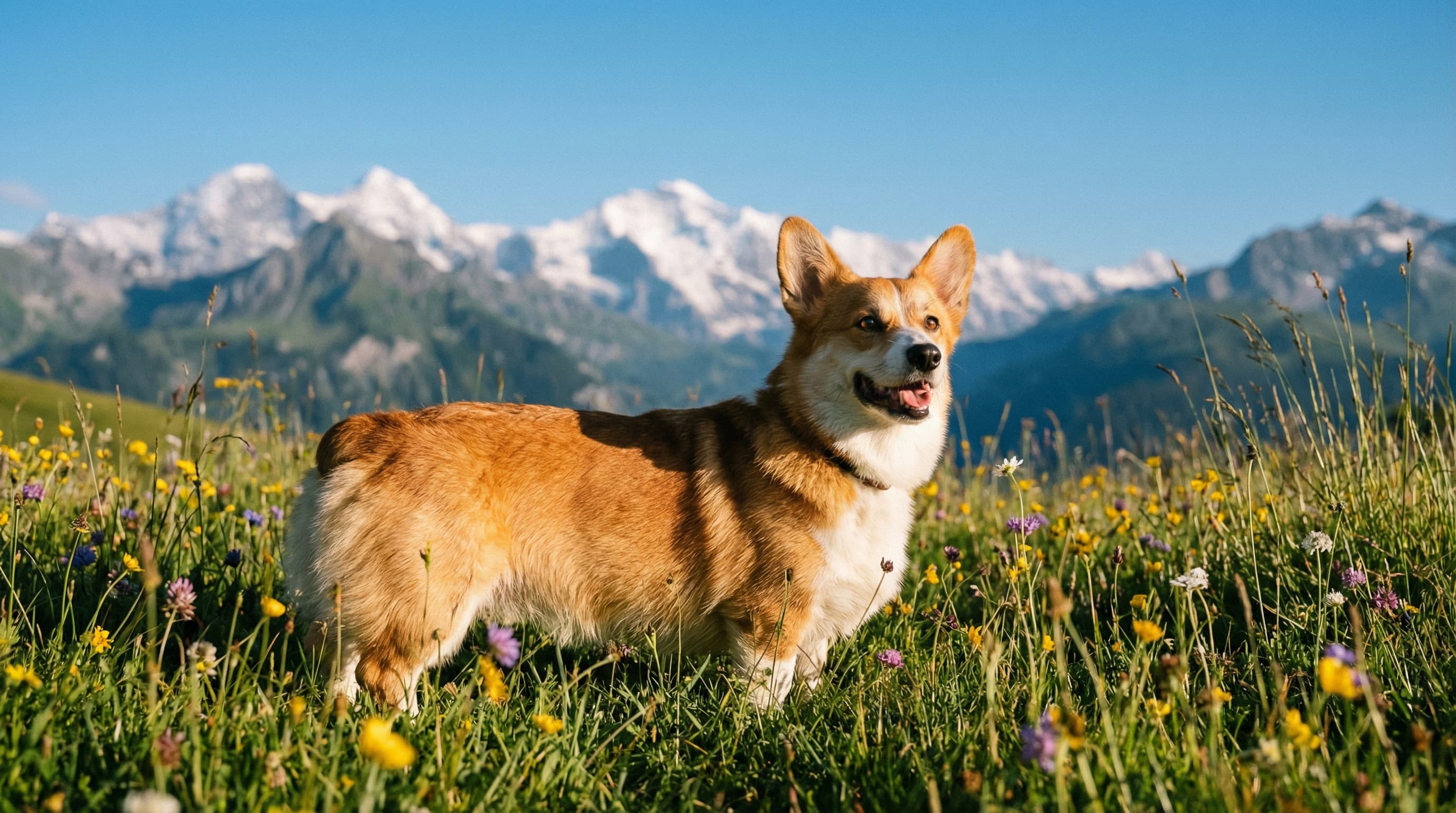 Pembroke Welsh Corgi with naturally short tail standing in Swiss alpine meadow with mountain backdrop