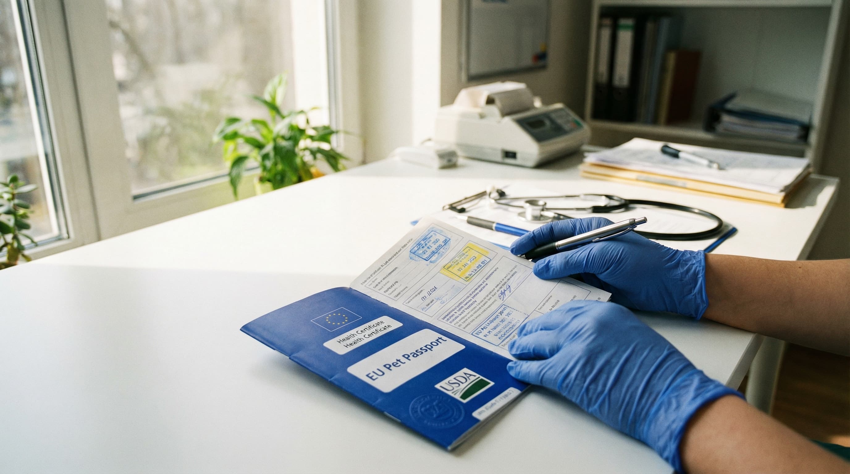 USDA-accredited veterinarian reviewing endorsed EU health certificate paperwork for pet travel to Switzerland