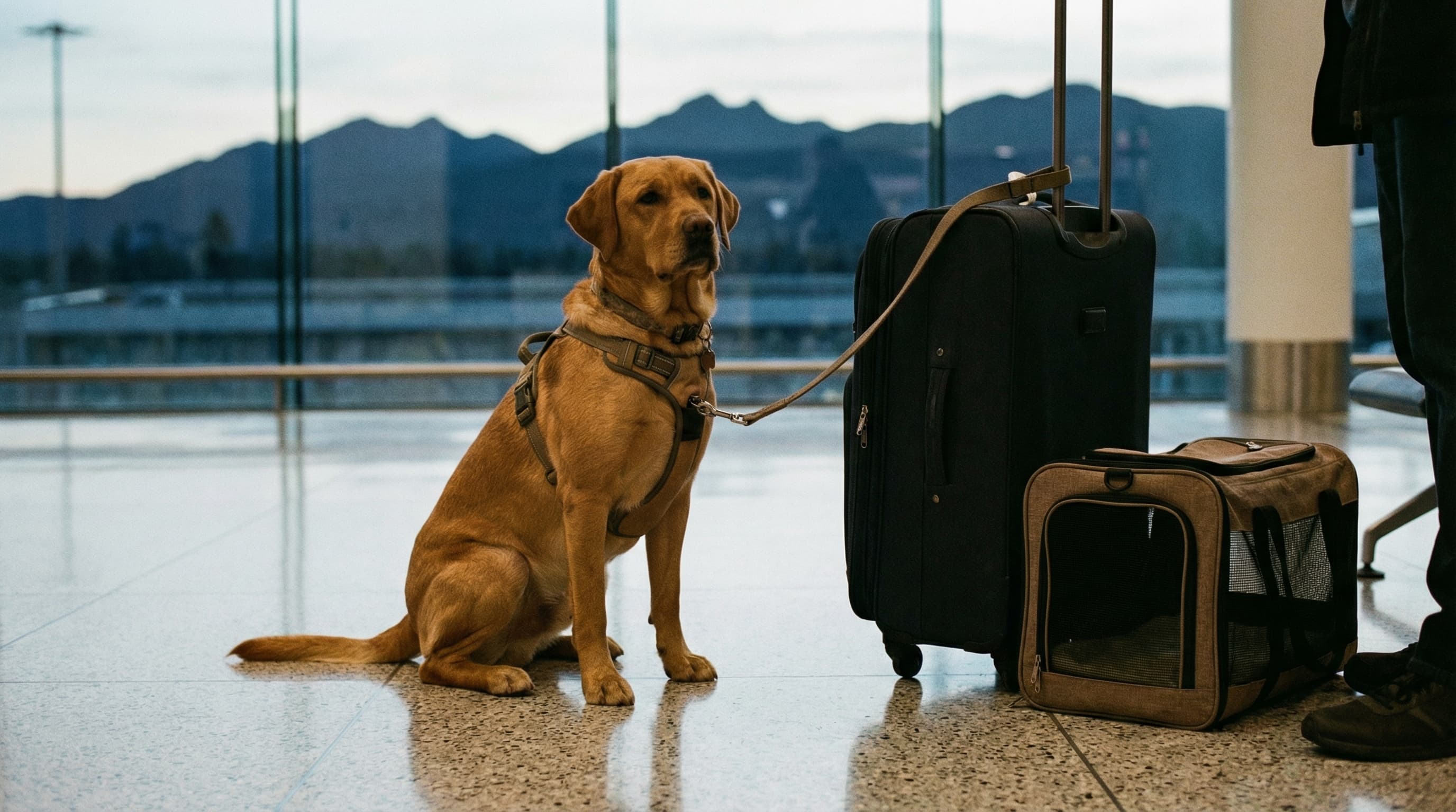Labrador retriever waiting with travel gear at airport terminal with mountain views visible through windows