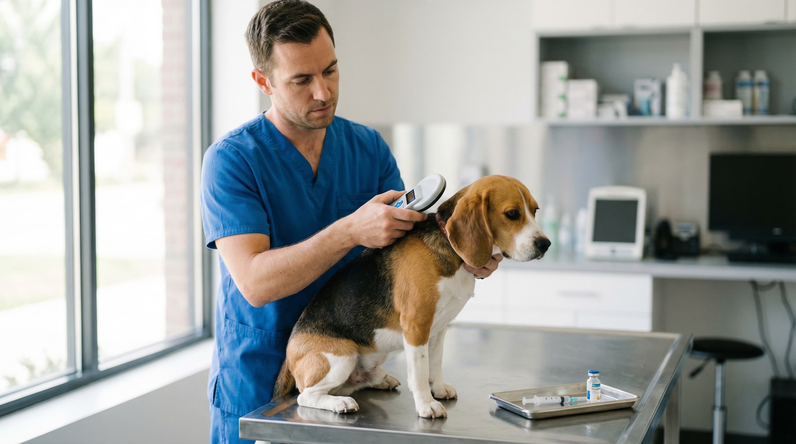 Veterinarian scanning beagle's ISO microchip before administering rabies vaccine for Switzerland travel