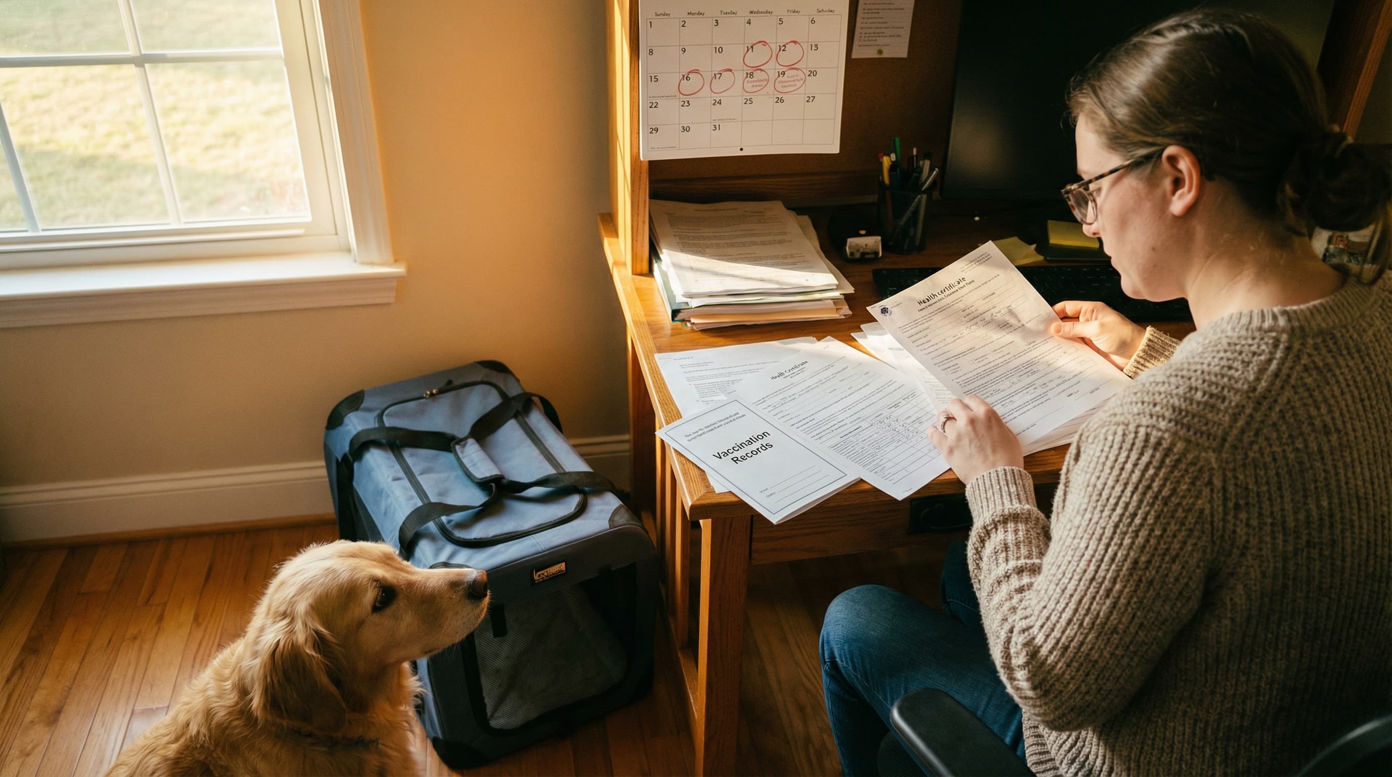 Person reviewing pet travel timeline and documents at home desk with carrier and dog nearby