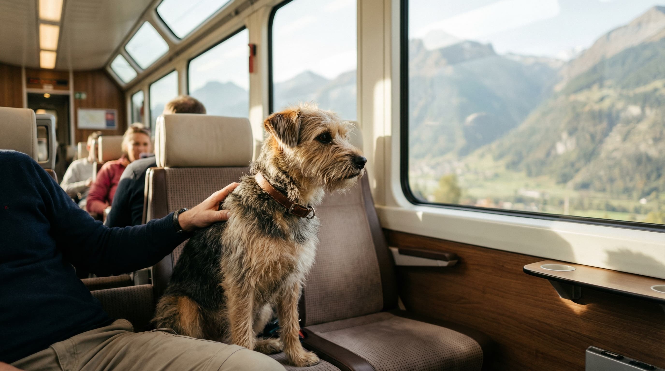 Dog riding on Swiss train with panoramic Alpine mountain views through windows
