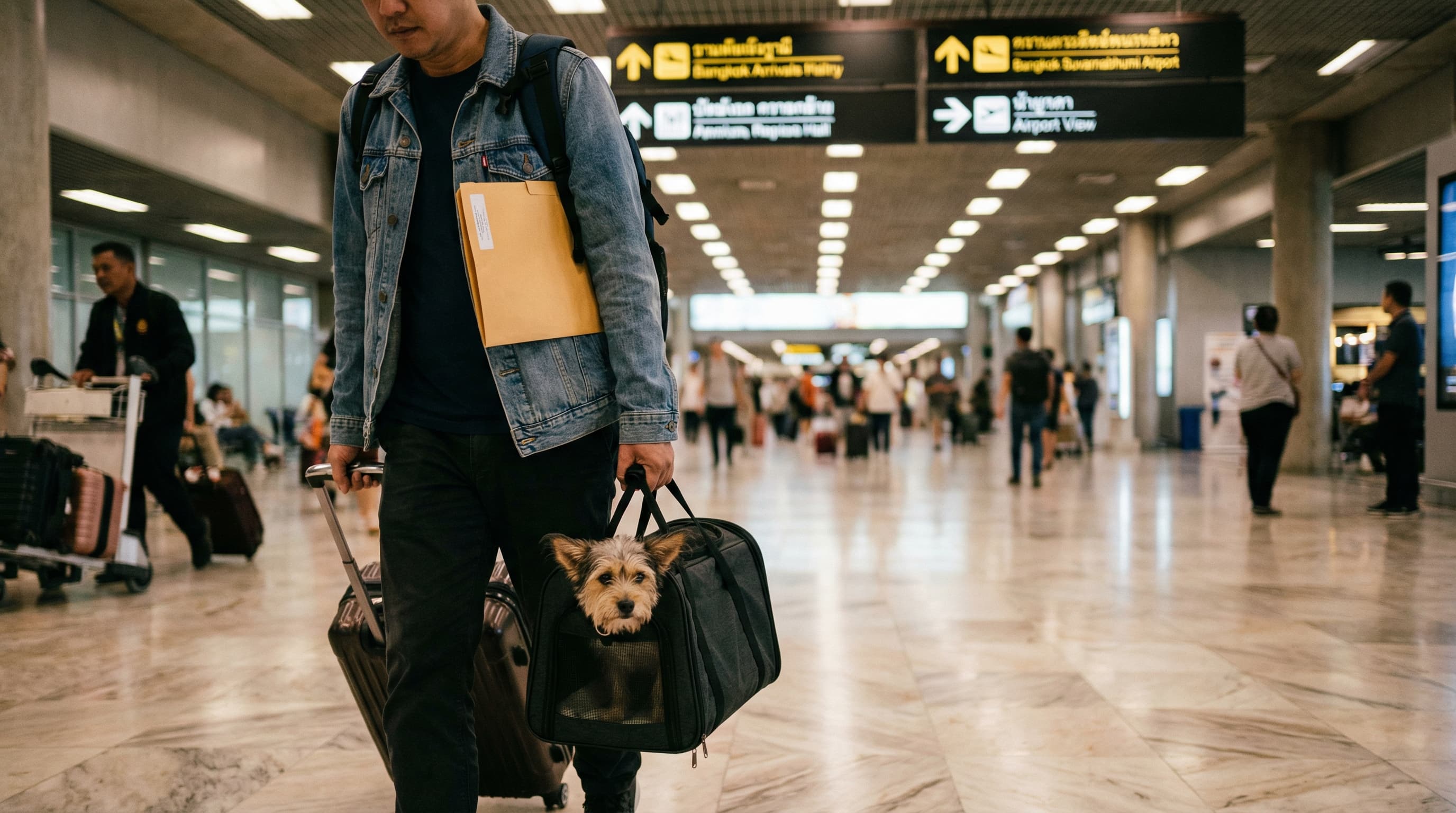 A traveler arriving at Bangkok Suvarnabhumi Airport with a dog carrier and travel documents ready for the Animal Quarantine Station