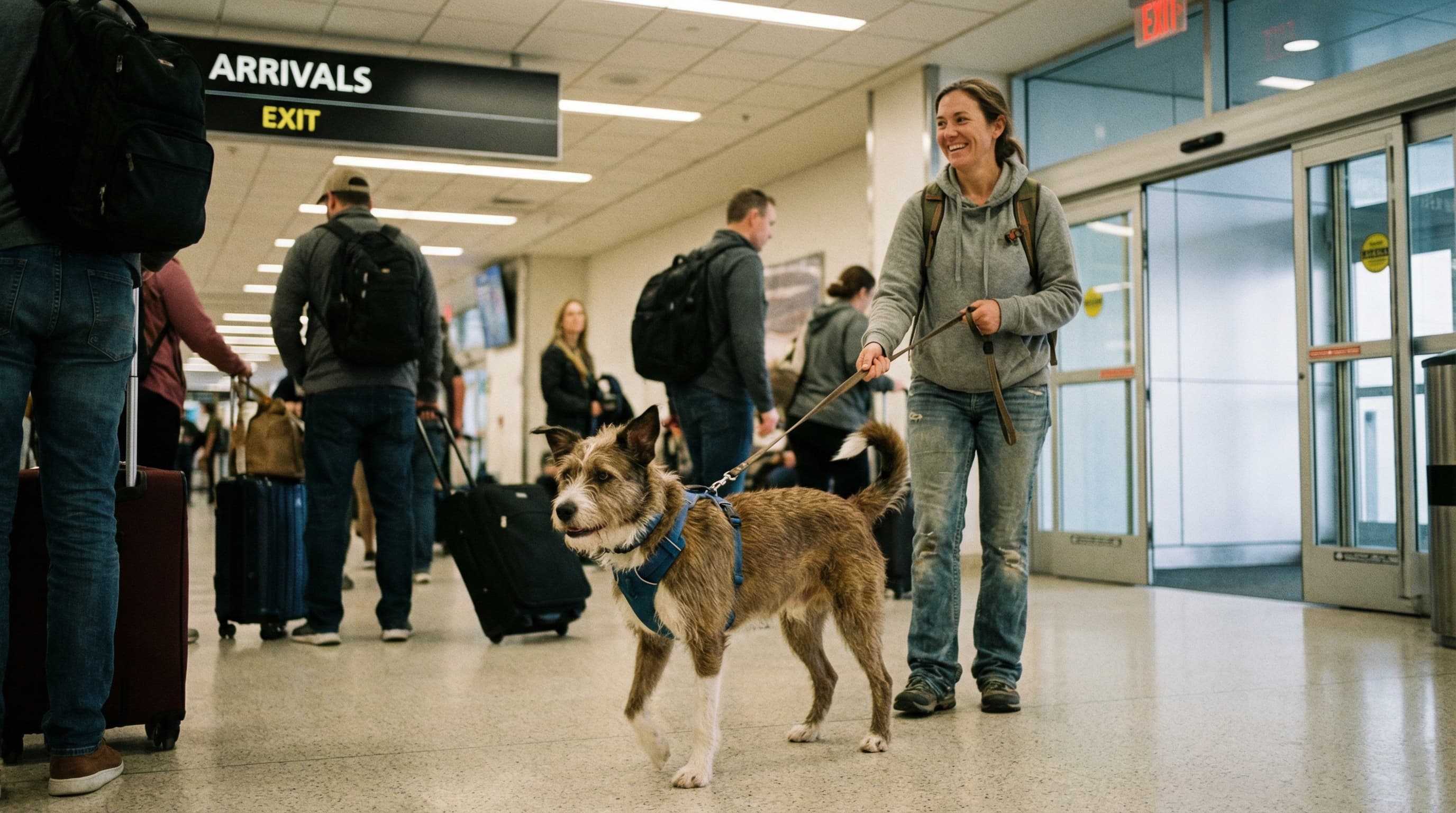 A dog and owner reuniting with family at a US airport arrivals hall, with the dog walking calmly on a leash through the terminal