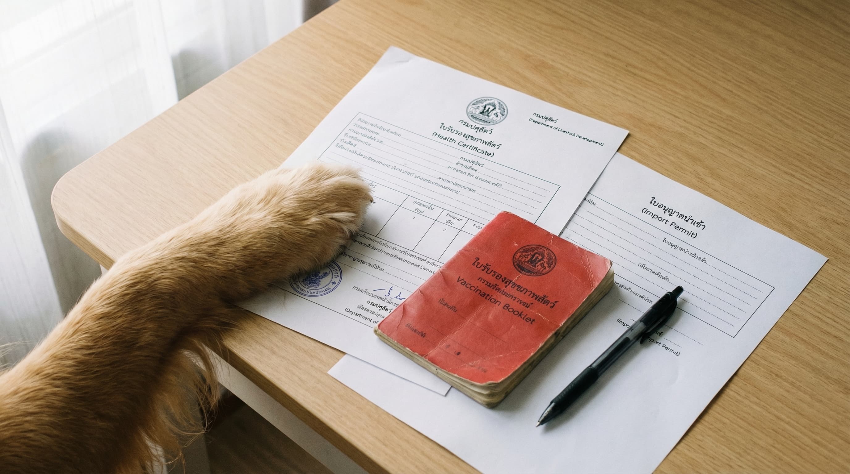 Thailand Department of Livestock Development entry requirements documents spread on a desk with a dog's paw resting on them