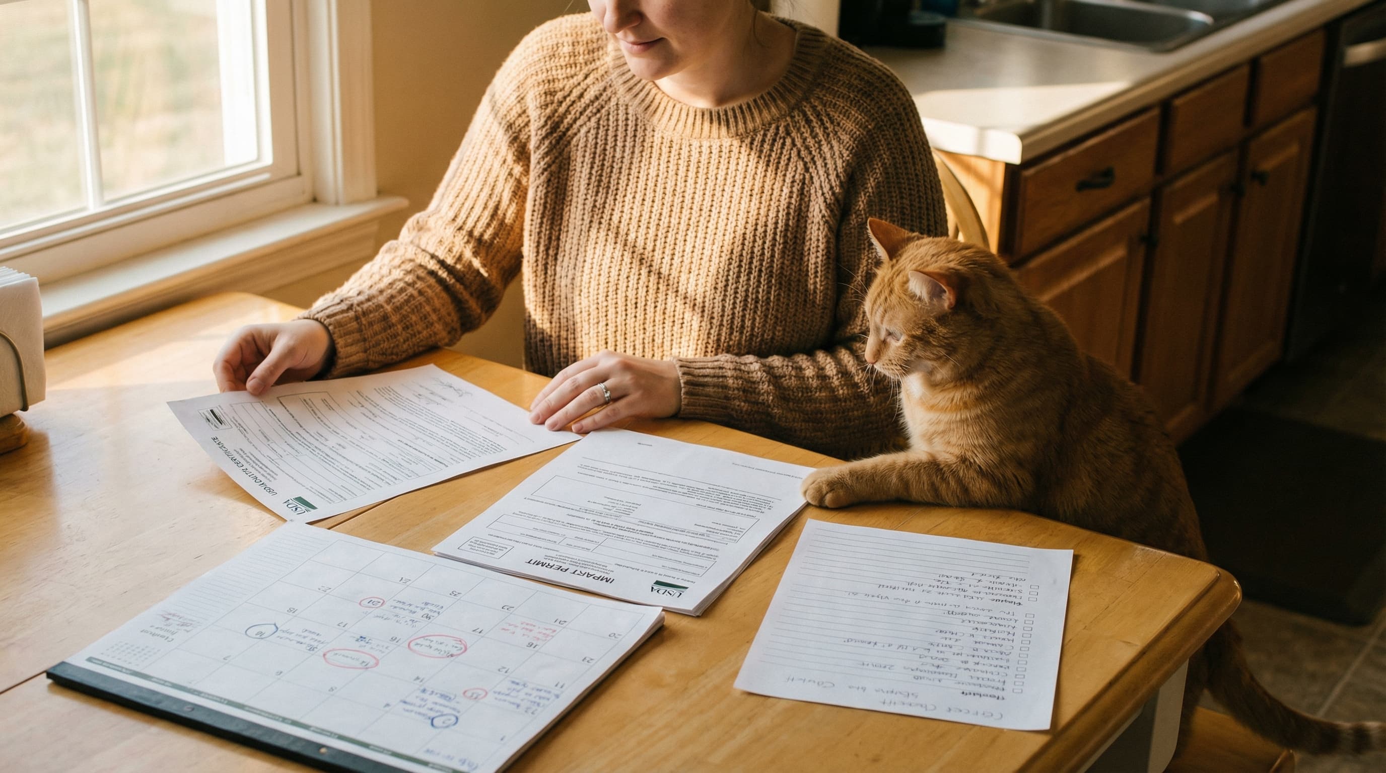 Owner reviewing Thailand pet import documents and travel timeline