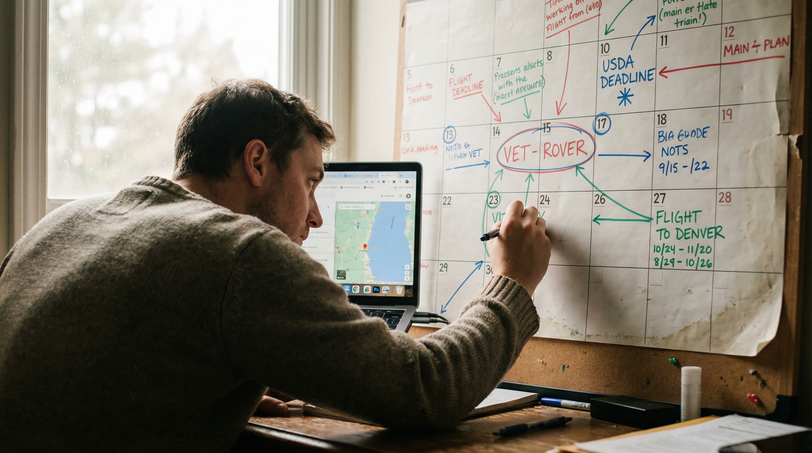 Travel calendar marked with vet appointments, USDA deadlines, and flight dates for Thailand pet travel prep