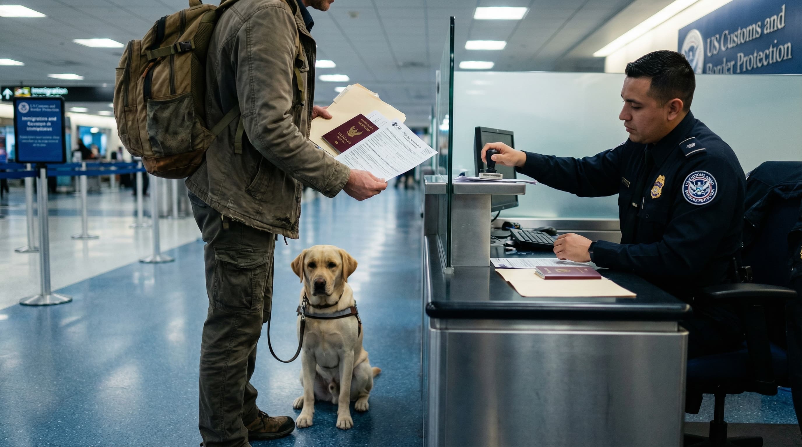 Dog and owner at US customs after returning from Thailand
