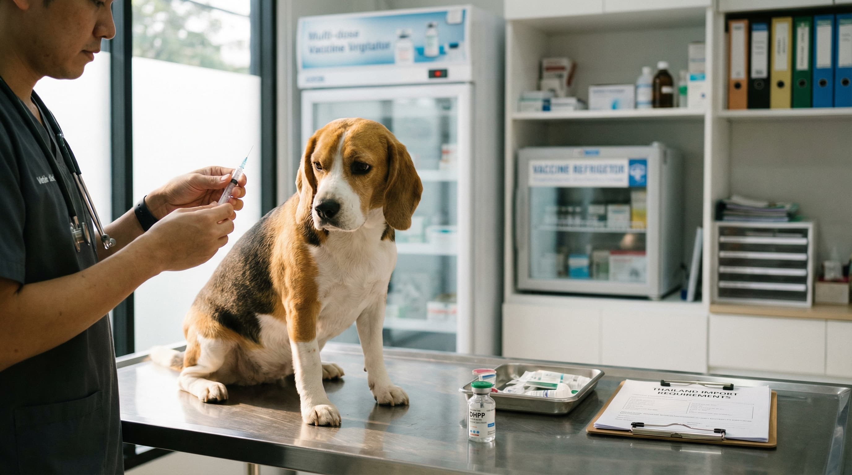 Veterinarian administering DHPP combo vaccine to dog before Thailand travel