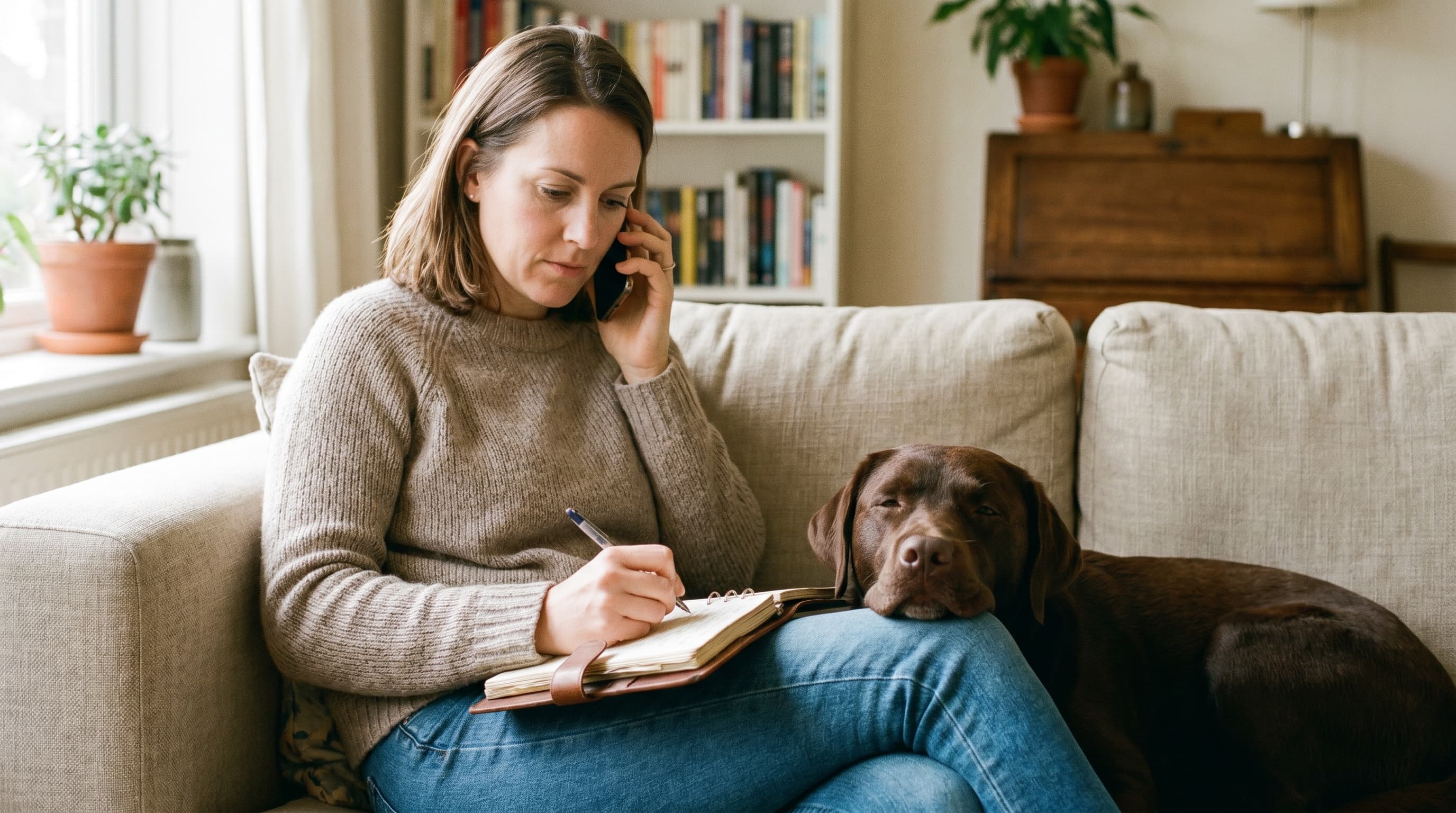Woman calling an airline to reserve a pet spot, taking notes on a sofa while her chocolate Labrador rests beside her