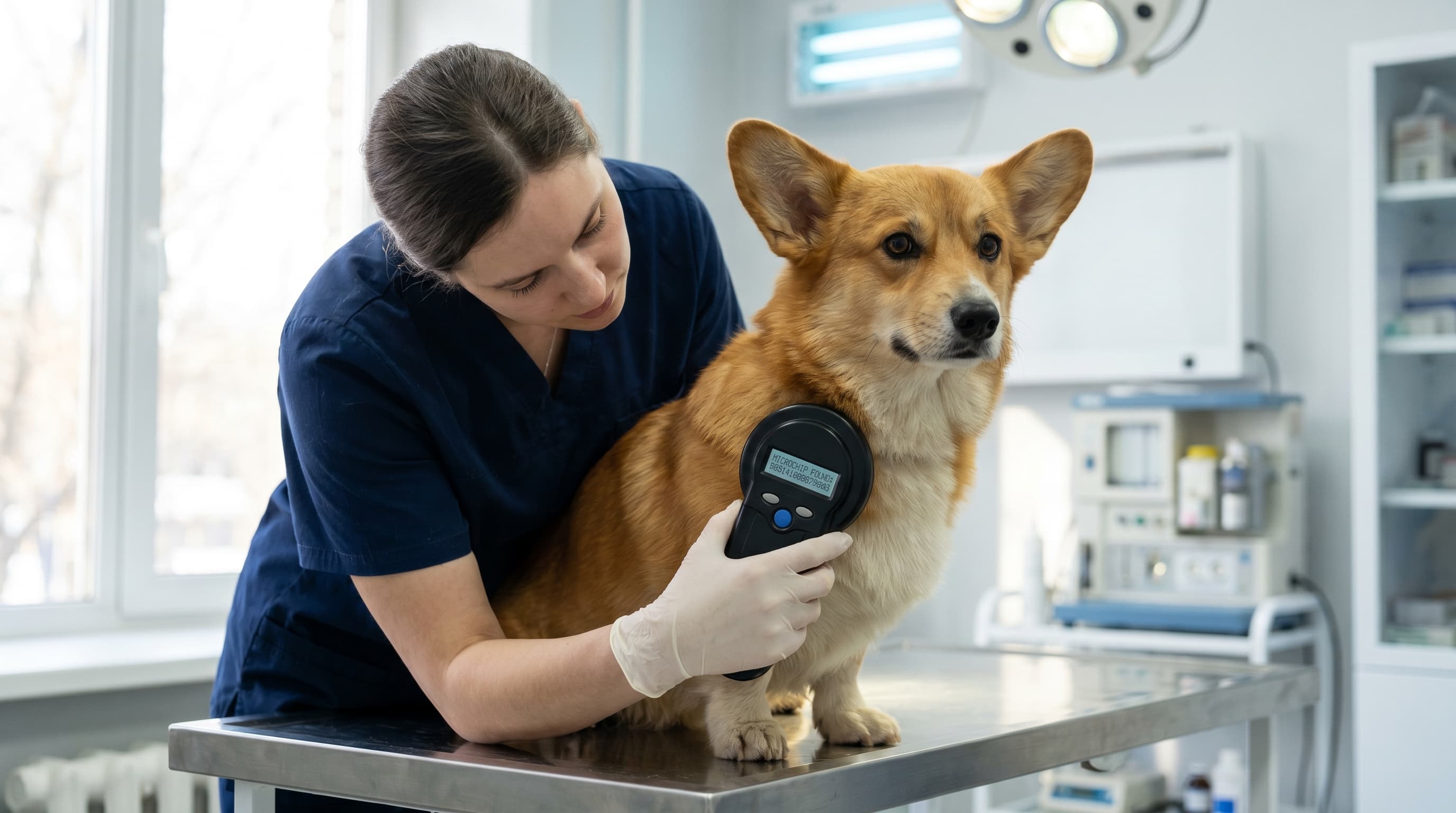 Veterinarian scanning a Pembroke Welsh Corgi's microchip with a universal reader on a clinic exam table